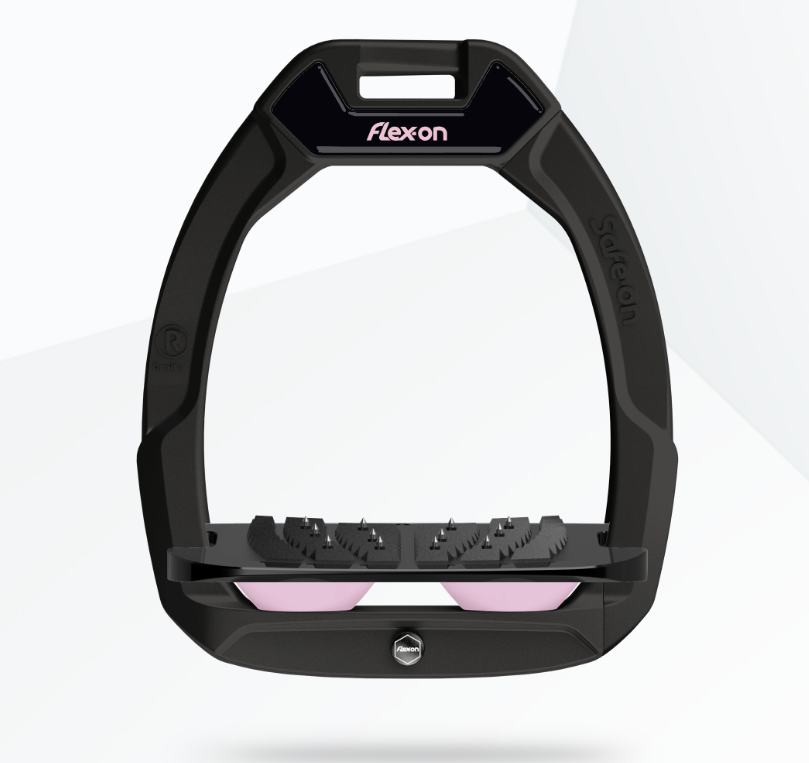 Flex-On Safe-On Stirrups - Black Frame, Black Footbed, Light Pink Shock Absorbers